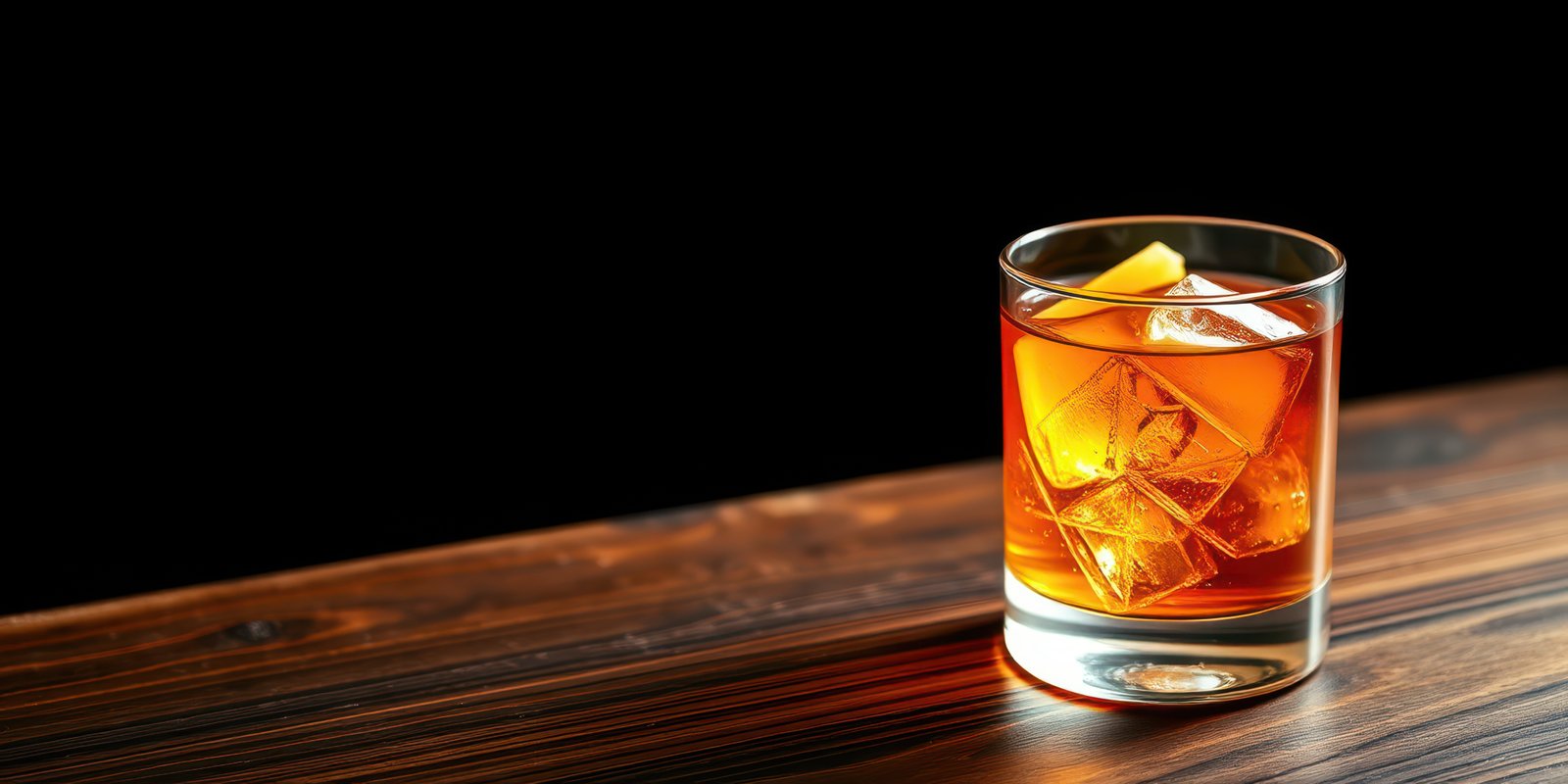 Refreshing cocktail with ice served on wooden bar top at night